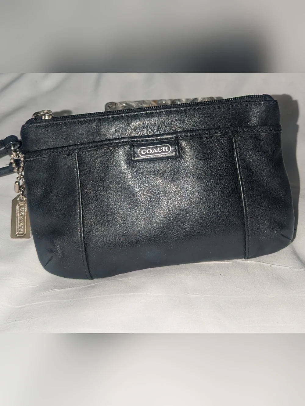 Coach Black Leather Wristlet Clutch with Logo Charm